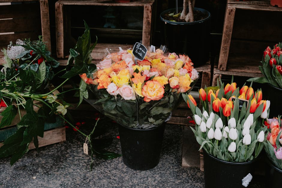 An arrangement of fresh, vibrant flowers from Covent Garden Flowers, featuring a bouquet of peach, white, and pink roses wrapped in clear cellophane, placed in a black vase on a textured dark surface.
