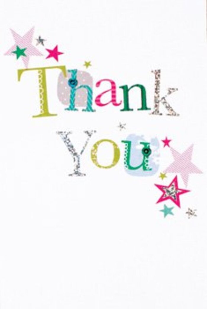 The thoughtful arrangement of letters on this thank you card has a quietly exuberant charm, reminiscent of Covent Garden's blend of tradition and modern flair. Each letter in 'Thank You' offers its own personality: some sport spots or fluid ribbons, others are adorned with playful curves or metallic glints, all bursting in energetic shades of green, pink, and blue. Little stars cluster in lively groups near the message, with their stripes of sparkling pink, aquamarine, and silver capturing the joyous liveliness of a Covent Garden street festival. The modern, uncluttered design-set against a fresh white backdrop-elevates the card's appeal, inviting the viewer to imagine a gentle celebration. Neither overtly formal nor casual, the mood is universally warm and uplifting, suitable for marking a special thank you with sincerity. This is the kind of card that pairs beautifully with an arrangement of locally sourced blooms-maybe lilies or freesias-delivered to a loved one on Long Acre or Bow Street, making gratitude a lasting memory.