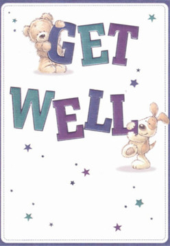 Much like a cheerful stroll past the colorful stalls around Covent Garden Piazza, this thoughtfully illustrated get well card brims with warmth and gentle encouragement. Atop the bold letters spelling out 'Get Well', a plump teddy bear with an affectionate smile clings playfully, while below, a sprightly puppy nestles against the text, both figures radiating innocence and heartfelt hope. The hand-painted letters shimmer in rich purples and teals, their colors vivid against a bright, clean backdrop that suggests clarity and serenity-qualities craved during recovery. Adorning the scene, whimsical stars twinkle across the card, their scattered placement reminiscent of magical evenings in the area. The detailed textures of the bear's fur and the puppy's velvety ears are so lovingly depicted, one almost feels their soft embrace. This kind of artistry reminds me of preparing a soothing bouquet for a beloved customer in Covent Garden: each bloom placed with care to lift spirits and nurture the soul. Altogether, the illustration's lively energy and thoughtful composition mirror the friendly character of the local community, making this card a perfect pairing with freshly delivered flowers to someone seeking comfort and reassurance.