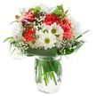 Radiating the easy elegance and uplifting cheer of a Covent Garden morning, this bouquet is a lively gathering of fresh blooms, perfectly poised in a clear glass vase. At its core, coral-hued carnations tumble with ruffled, soft-edged petals exuding warmth and energy-evoking the vibrant market stalls nearby. White chrysanthemums and daisy-like flowers, with their billowy layers and vivid green centres, encircle the central blooms, bringing purity and a youthful brightness reminiscent of spring in Jubilee Market. Wisps of white baby's breath meander between the larger flowers, bestowing an airy delicacy as light as a passing cloud over Southampton Street. Closed buds of magenta alstroemeria peek from one side, promising future colour and variety, while elegantly arranged deep green foliage, both broad and slender, form a supportive arc around the bouquet, a nod to the classic English garden style embraced in the Covent Garden area. Subtle, even lighting illuminates the entire arrangement, enhancing the contrast and making each detail pop against the pure white background. The water in the vase glistens, revealing healthy, freshly cut stems, signifying both freshness and expert presentation. This bouquet would make a memorable birthday gift, a gesture of encouragement, or a bright welcome in any Covent Garden home-a classic creation that brings a touch of the neighbourhood's storied floral charm into everyday life.